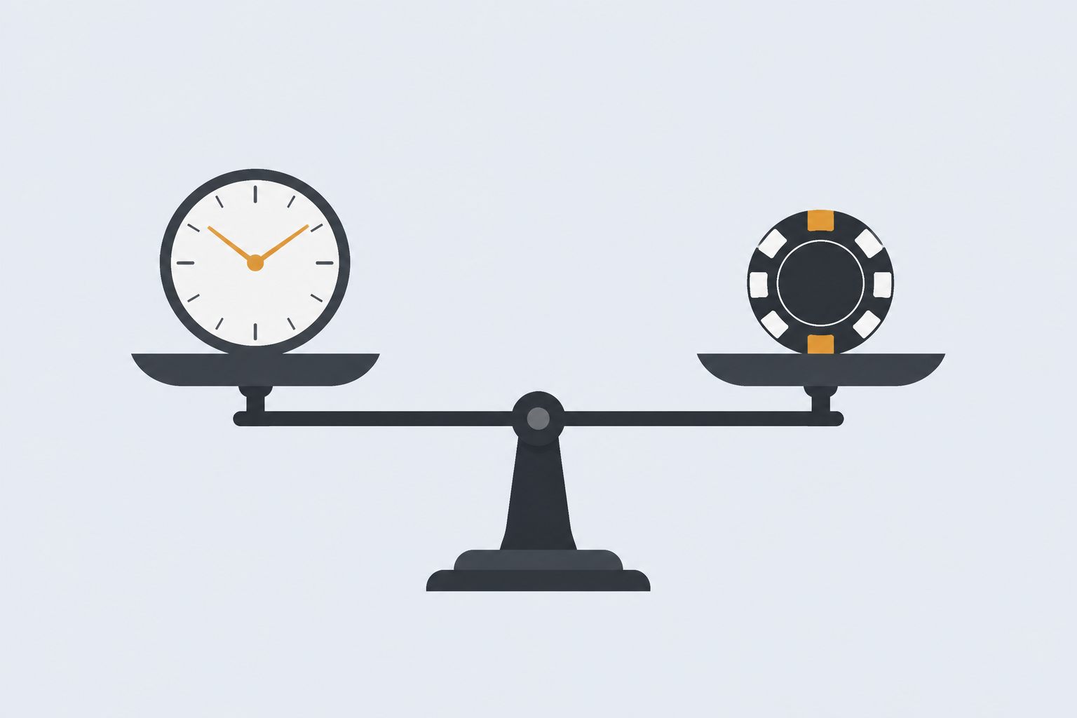 Illustration of a balance scale holding a clock on one side and a casino chip on the other, perfectly level