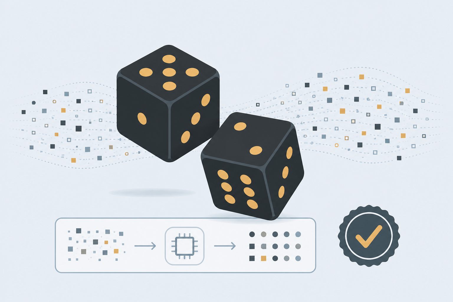 Illustration of two dice above a stream of random values passing through a processor into ordered output, with a certification seal