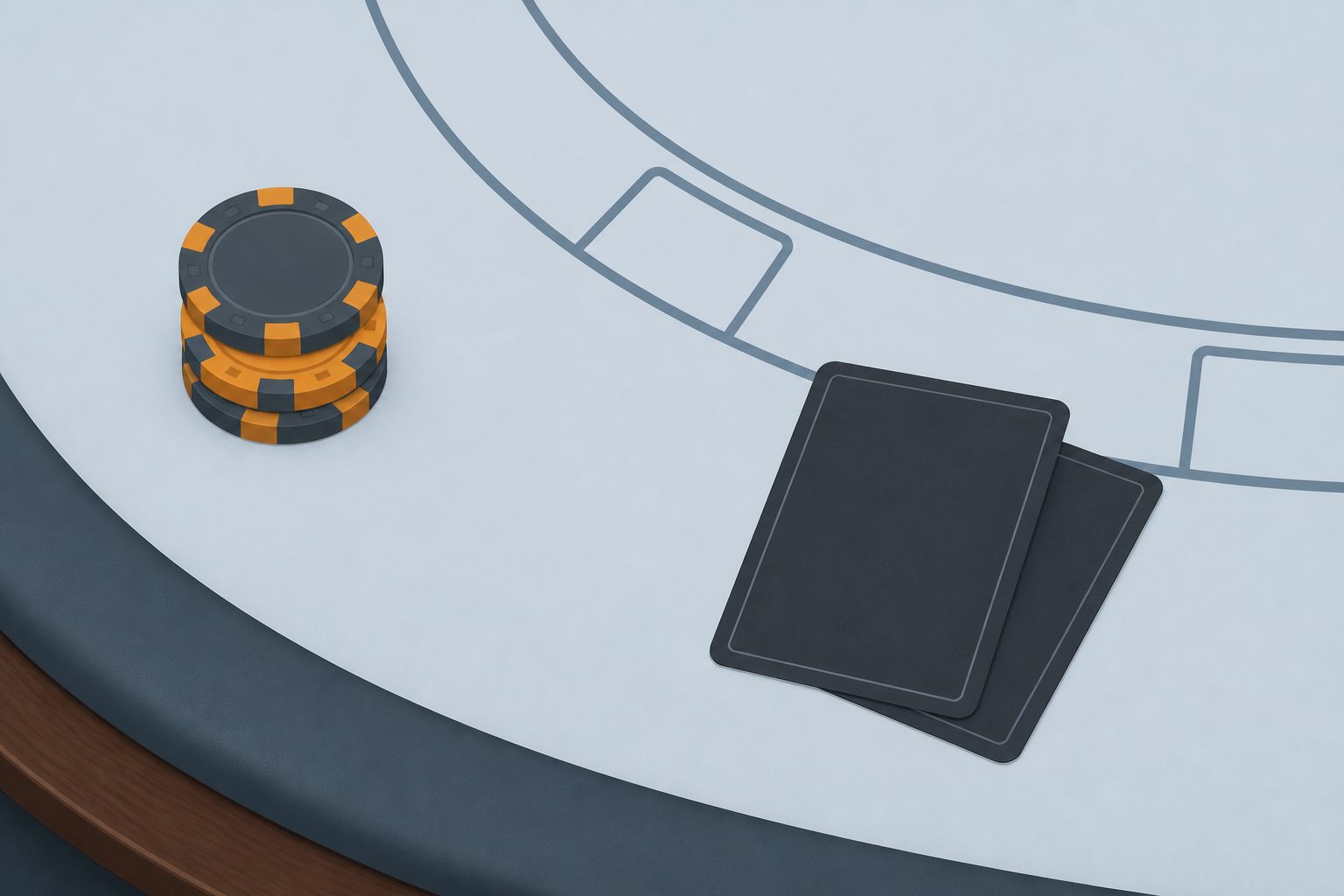 Illustration of a card table corner with printed betting-line markings, chips and two face-down cards